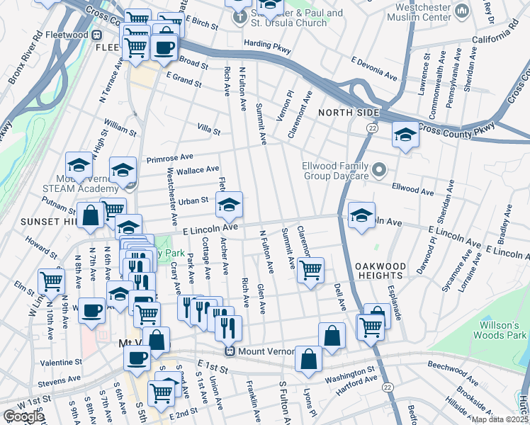 map of restaurants, bars, coffee shops, grocery stores, and more near 211 North Fulton Avenue in Mount Vernon