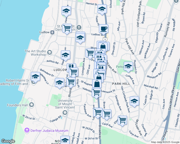 map of restaurants, bars, coffee shops, grocery stores, and more near 49 Cliff Avenue in Yonkers