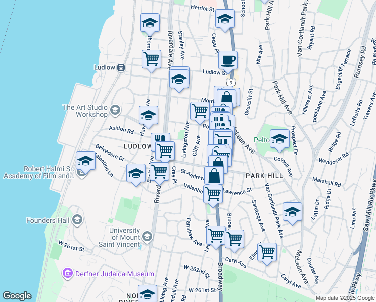 map of restaurants, bars, coffee shops, grocery stores, and more near 49 Cliff Avenue in Yonkers