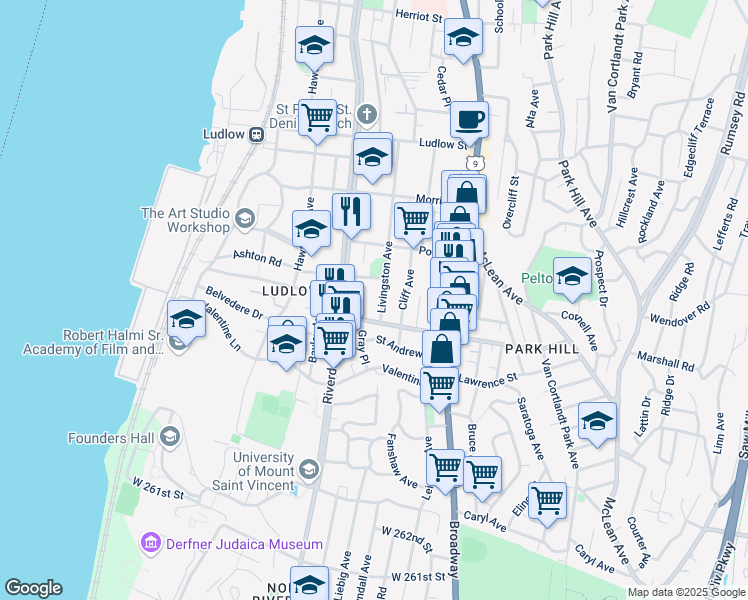 map of restaurants, bars, coffee shops, grocery stores, and more near 143 Livingston Avenue in Yonkers