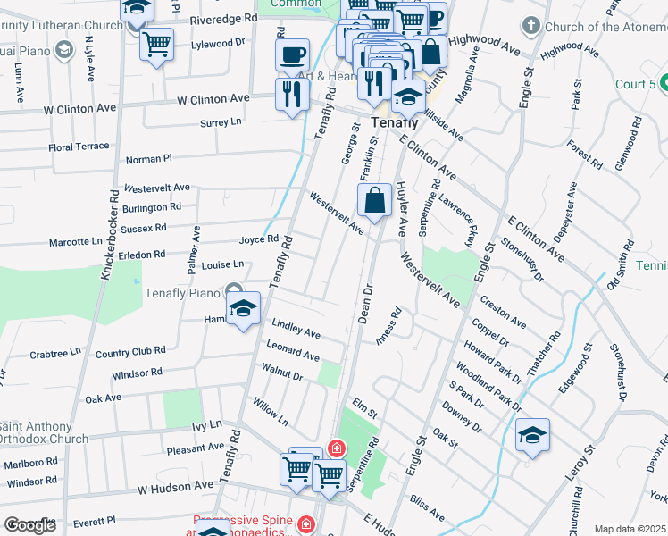 map of restaurants, bars, coffee shops, grocery stores, and more near 91 Franklin Street in Tenafly