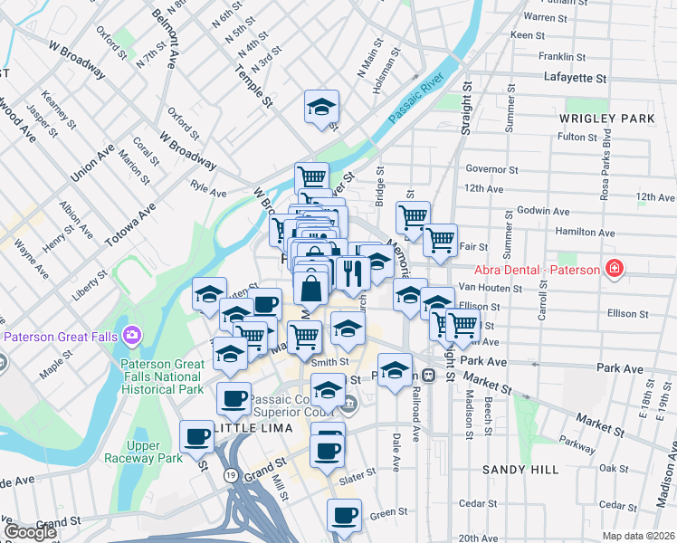 map of restaurants, bars, coffee shops, grocery stores, and more near 107 Van Houten Street in Paterson