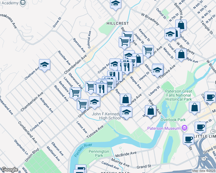 map of restaurants, bars, coffee shops, grocery stores, and more near 289 Union Avenue in Paterson