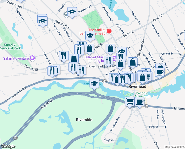map of restaurants, bars, coffee shops, grocery stores, and more near 426-442 West Main Street in Riverhead