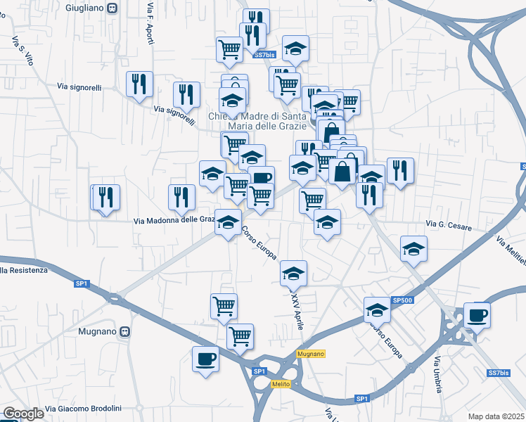 map of restaurants, bars, coffee shops, grocery stores, and more near Via Tiziano in Melito di Napoli