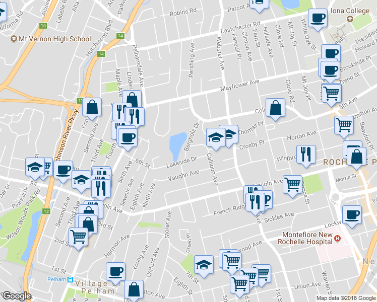 map of restaurants, bars, coffee shops, grocery stores, and more near 21 Bergholz Drive in New Rochelle