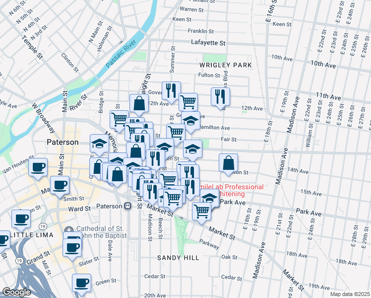 map of restaurants, bars, coffee shops, grocery stores, and more near 290 Broadway in Paterson