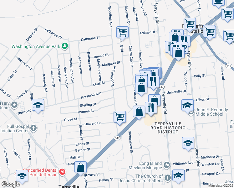 map of restaurants, bars, coffee shops, grocery stores, and more near 303 Woodhull Avenue in Port Jefferson Station