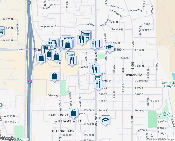 map of restaurants, bars, coffee shops, grocery stores, and more near 88 West 50 South in Centerville