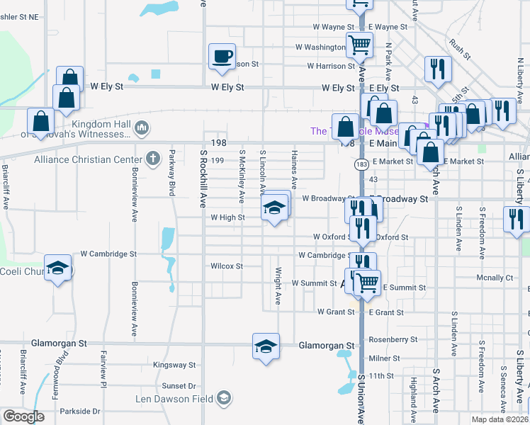 map of restaurants, bars, coffee shops, grocery stores, and more near 253 West High Street in Alliance