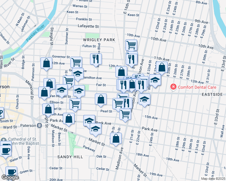 map of restaurants, bars, coffee shops, grocery stores, and more near 411 Doctor Martin Luther King Junior Way in Paterson