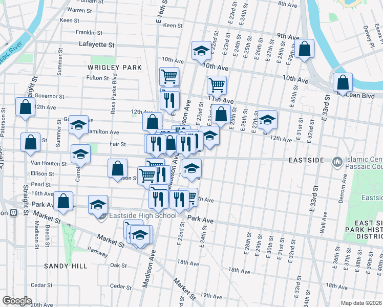 map of restaurants, bars, coffee shops, grocery stores, and more near 507-509 Broadway in Paterson