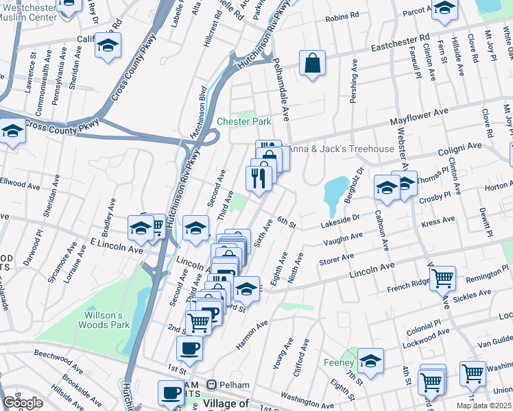 map of restaurants, bars, coffee shops, grocery stores, and more near 475 Fifth Avenue in Village of Pelham