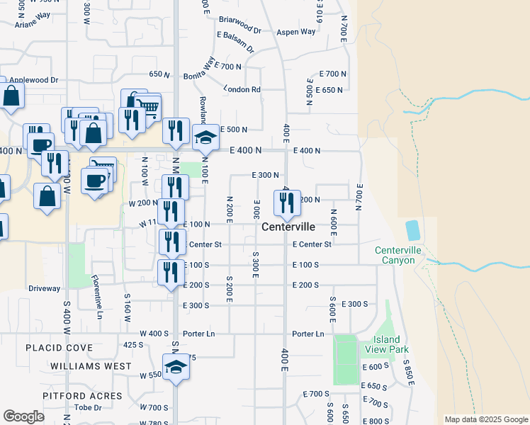 map of restaurants, bars, coffee shops, grocery stores, and more near 160 300 East in Centerville