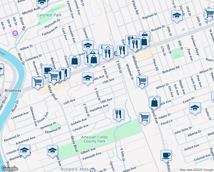 map of restaurants, bars, coffee shops, grocery stores, and more near 121 16th Avenue in Elmwood Park