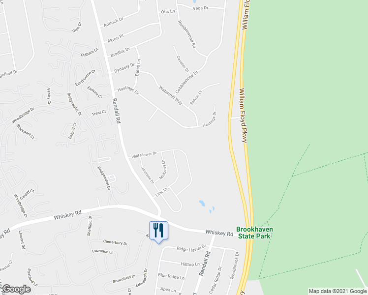 map of restaurants, bars, coffee shops, grocery stores, and more near 29 Wild Flower Drive in Ridge