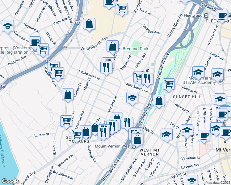 map of restaurants, bars, coffee shops, grocery stores, and more near 141 Vernon Avenue in Yonkers