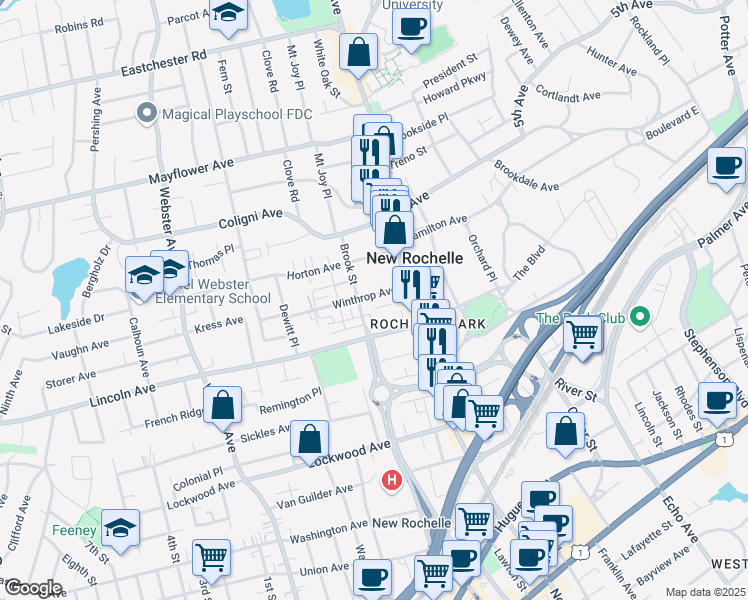 map of restaurants, bars, coffee shops, grocery stores, and more near 30 Winthrop Ave in New Rochelle