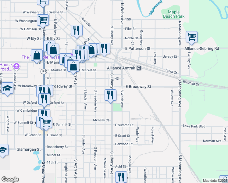map of restaurants, bars, coffee shops, grocery stores, and more near 350 South Liberty Avenue in Alliance
