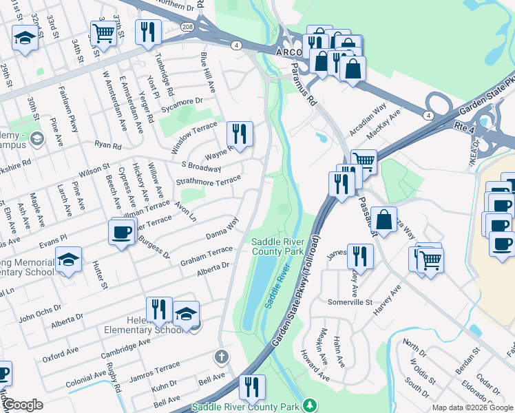map of restaurants, bars, coffee shops, grocery stores, and more near 816 Saddle River in Saddle Brook