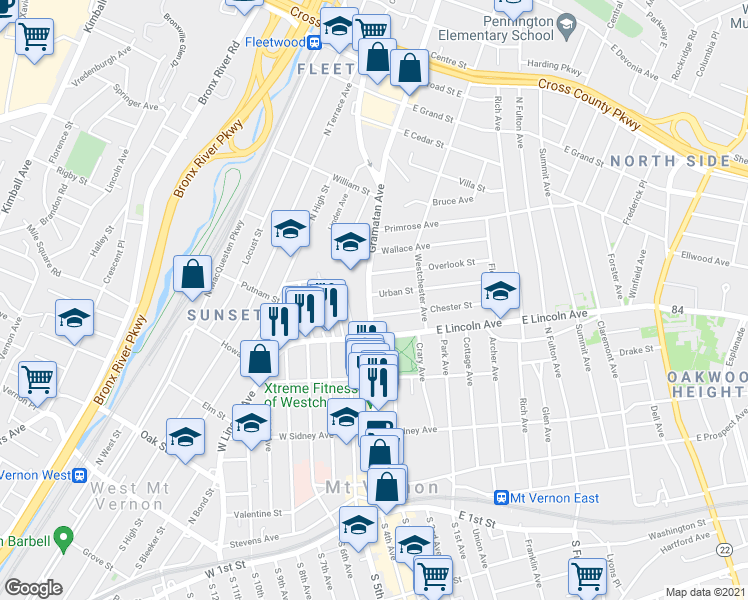 map of restaurants, bars, coffee shops, grocery stores, and more near 323 Gramatan Avenue in Mount Vernon