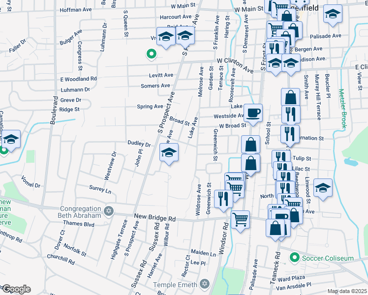 map of restaurants, bars, coffee shops, grocery stores, and more near 109 Luke Avenue in Bergenfield