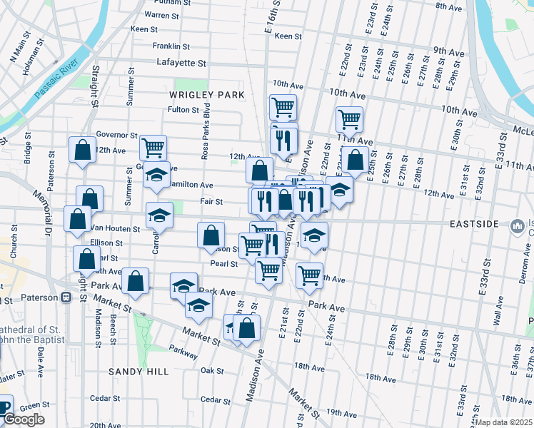 map of restaurants, bars, coffee shops, grocery stores, and more near 444 Broadway in Paterson
