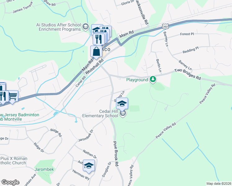 map of restaurants, bars, coffee shops, grocery stores, and more near 3 Cedar Road in Montville