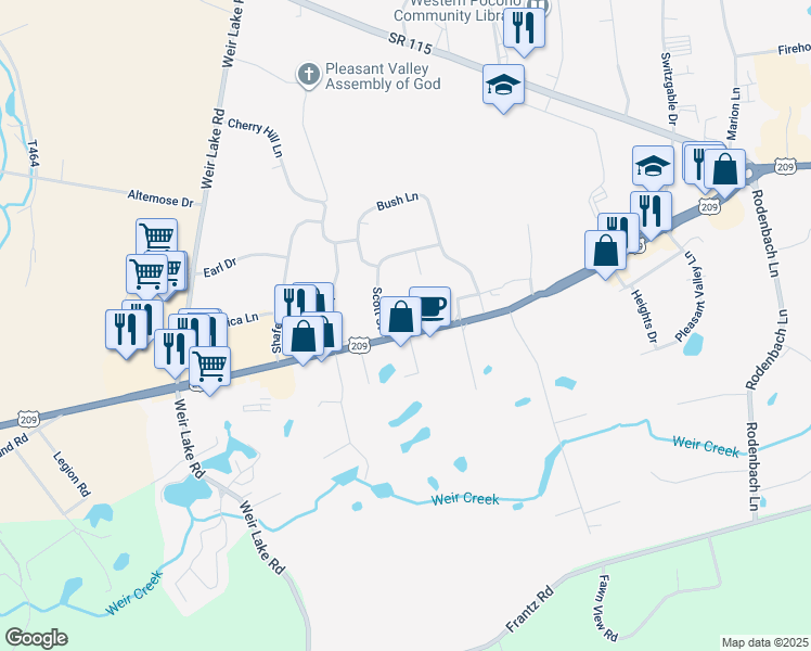 map of restaurants, bars, coffee shops, grocery stores, and more near 1547 U.S. 209 in Brodheadsville