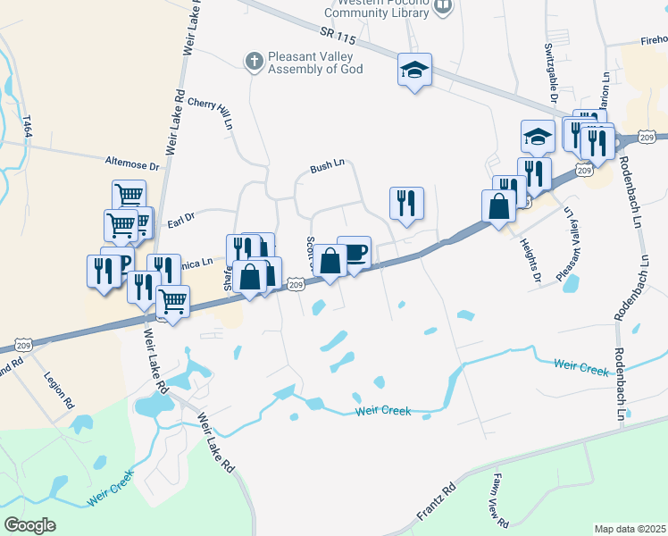 map of restaurants, bars, coffee shops, grocery stores, and more near 1547 U.S. 209 in Brodheadsville