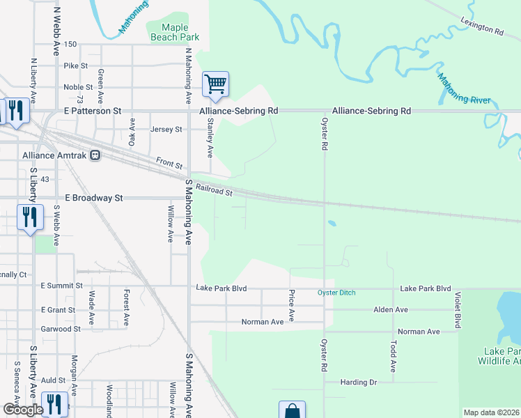 map of restaurants, bars, coffee shops, grocery stores, and more near 22657 Railroad Street in Alliance