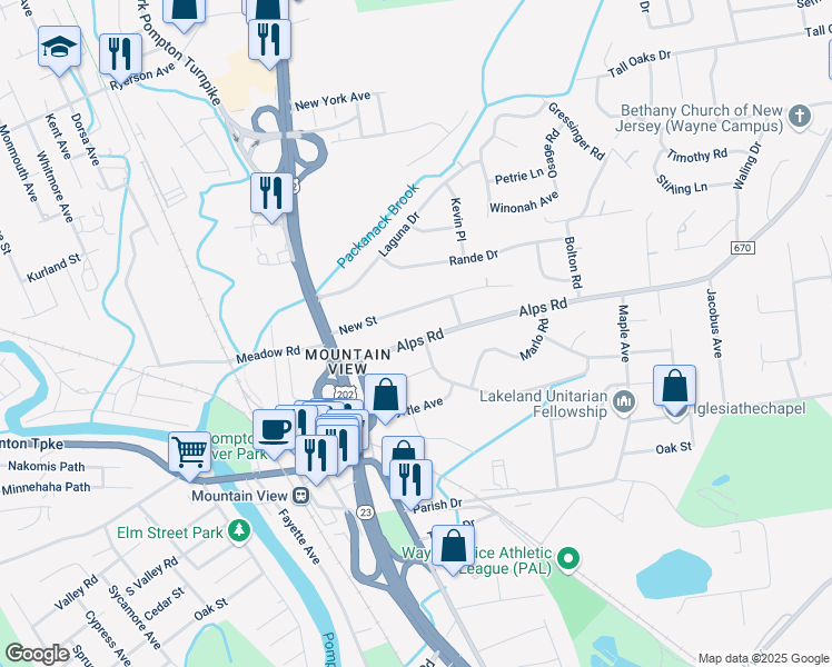 map of restaurants, bars, coffee shops, grocery stores, and more near 67 Alps Road in Wayne