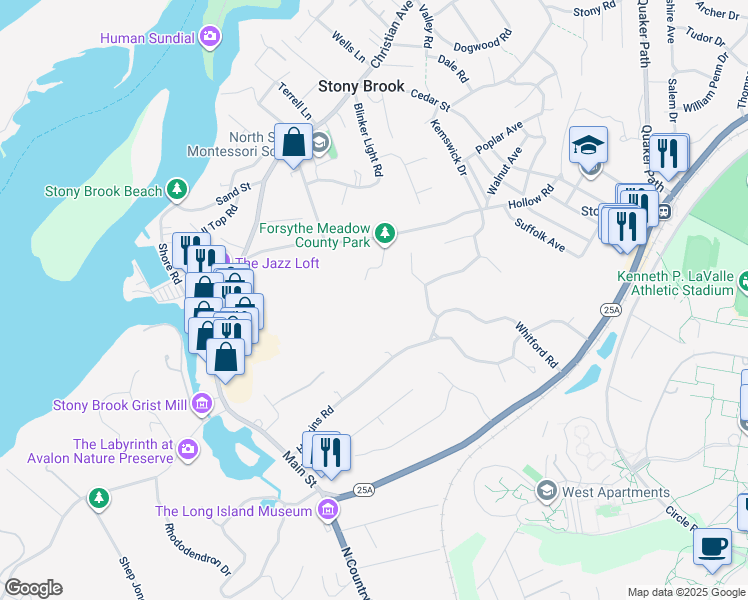 map of restaurants, bars, coffee shops, grocery stores, and more near 4 Equestrian Court in Stony Brook