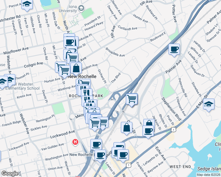 map of restaurants, bars, coffee shops, grocery stores, and more near 7 Orchard Place in New Rochelle