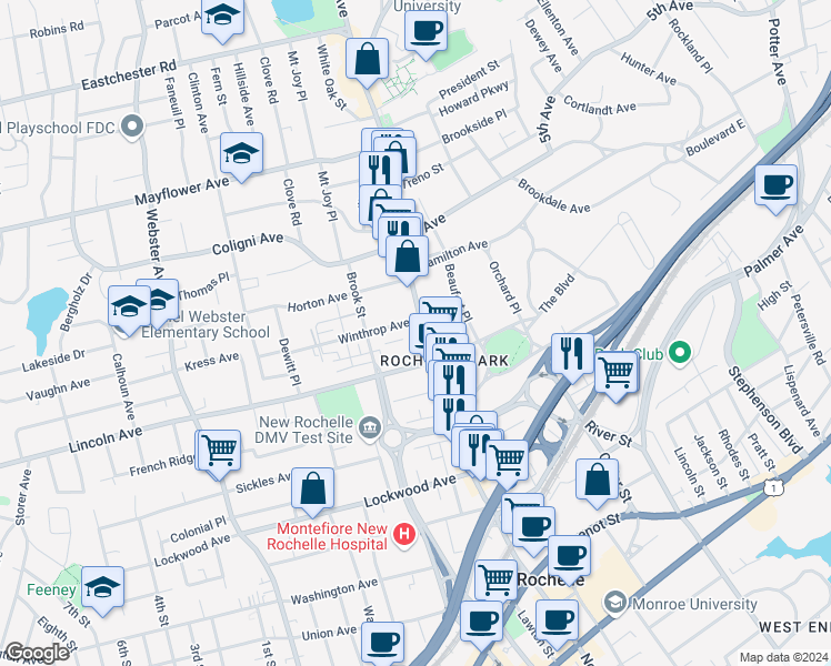 map of restaurants, bars, coffee shops, grocery stores, and more near 476 North Avenue in New Rochelle