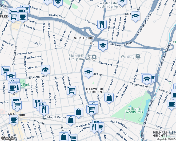 map of restaurants, bars, coffee shops, grocery stores, and more near 4 Park Lane in Mount Vernon