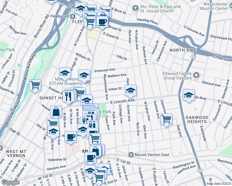 map of restaurants, bars, coffee shops, grocery stores, and more near 113 Chester Street in Mount Vernon