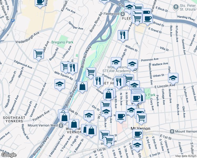 map of restaurants, bars, coffee shops, grocery stores, and more near 333 Locust Street in Mount Vernon
