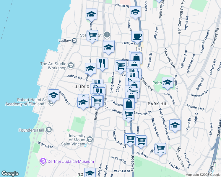 map of restaurants, bars, coffee shops, grocery stores, and more near 143 Livingston Avenue in Yonkers