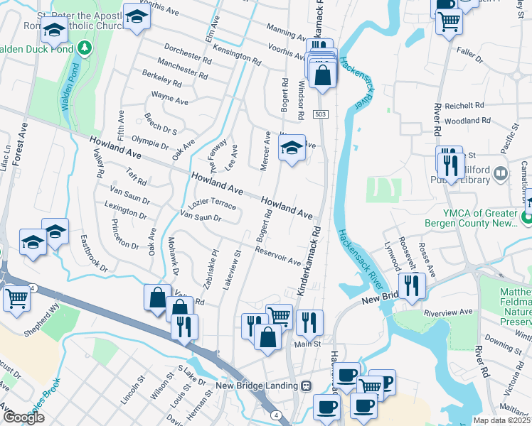 map of restaurants, bars, coffee shops, grocery stores, and more near 111 Howland Avenue in River Edge
