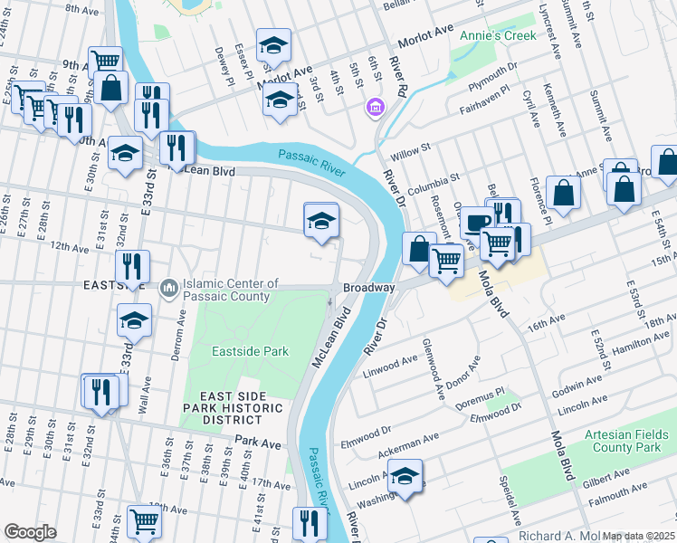 map of restaurants, bars, coffee shops, grocery stores, and more near 937-955 Broadway in Paterson