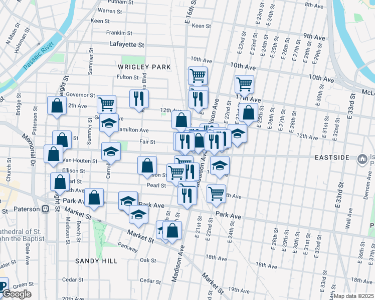 map of restaurants, bars, coffee shops, grocery stores, and more near 444 Broadway in Paterson