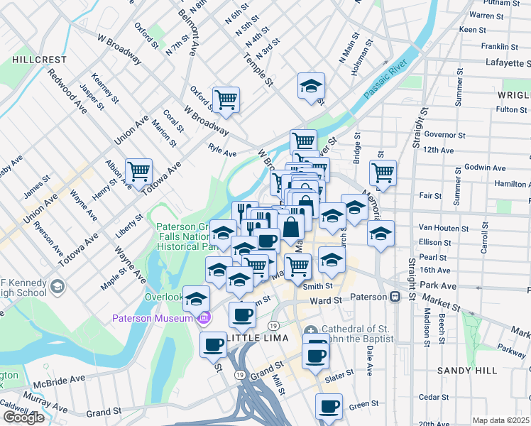 map of restaurants, bars, coffee shops, grocery stores, and more near in Paterson