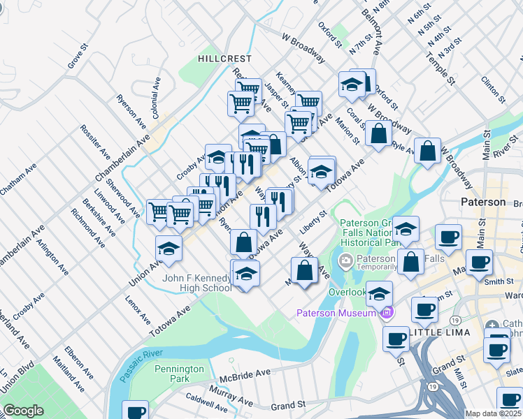 map of restaurants, bars, coffee shops, grocery stores, and more near 37 Manchester Avenue in Paterson