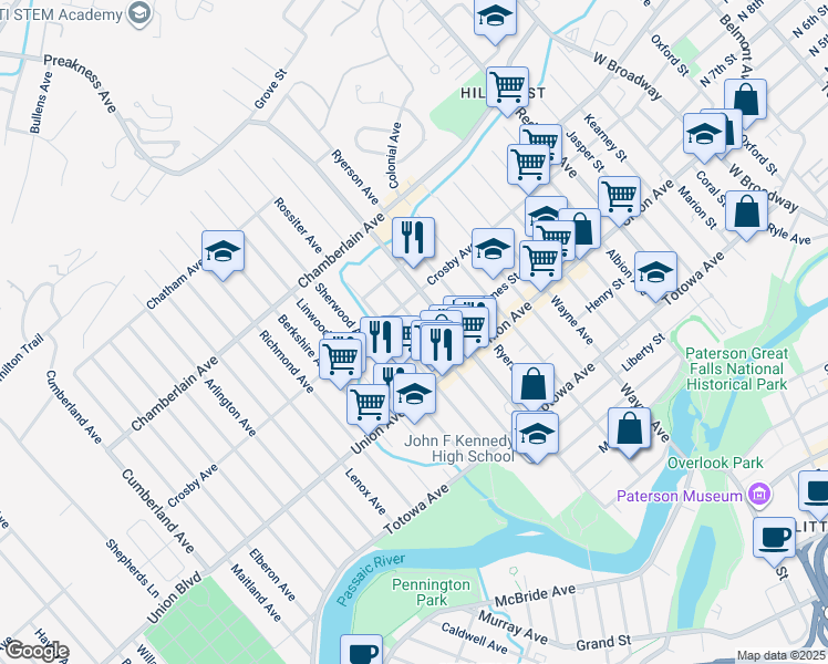 map of restaurants, bars, coffee shops, grocery stores, and more near 123 Rossiter Avenue in Paterson