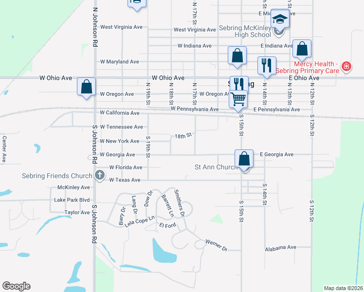 map of restaurants, bars, coffee shops, grocery stores, and more near 366 West Georgia Avenue in Sebring