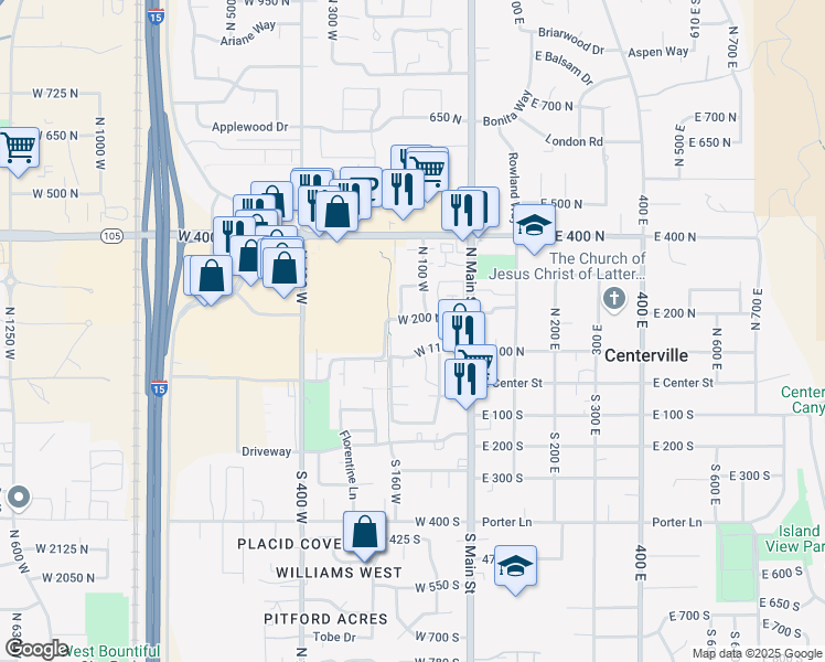 map of restaurants, bars, coffee shops, grocery stores, and more near 135 West 200 North in Centerville