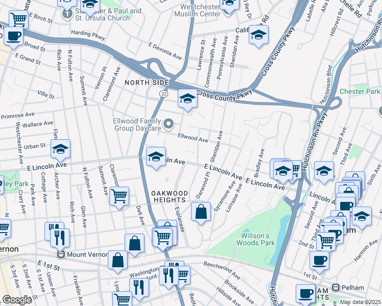 map of restaurants, bars, coffee shops, grocery stores, and more near 505 East Lincoln Avenue in Mount Vernon