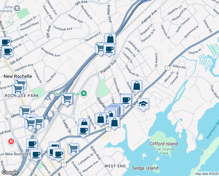 map of restaurants, bars, coffee shops, grocery stores, and more near 95 Lispenard Avenue in New Rochelle