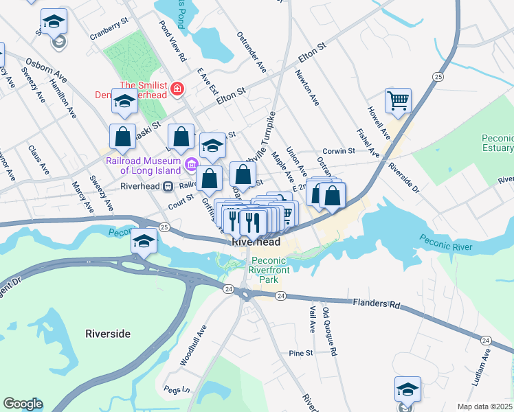 map of restaurants, bars, coffee shops, grocery stores, and more near 29 East 2nd Street in Riverhead